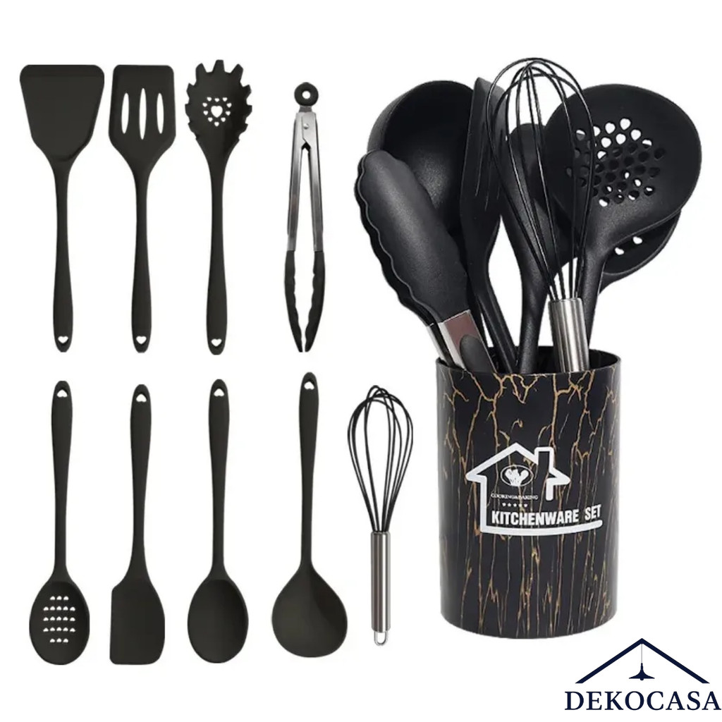 Kit 18 Utensílios Cozinha Silicone Preto Cabo Silicone Antiaderente Luxo Sofisticado Completo