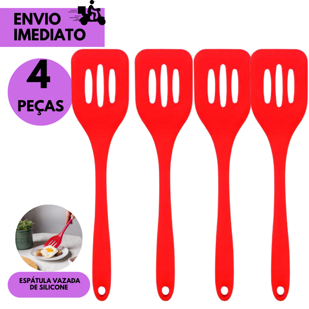 Kits 4 ou 2 Espátula Vazada Silicone Vermelha Cozinha Antiaderente Resistente Cabo Confortável Ute