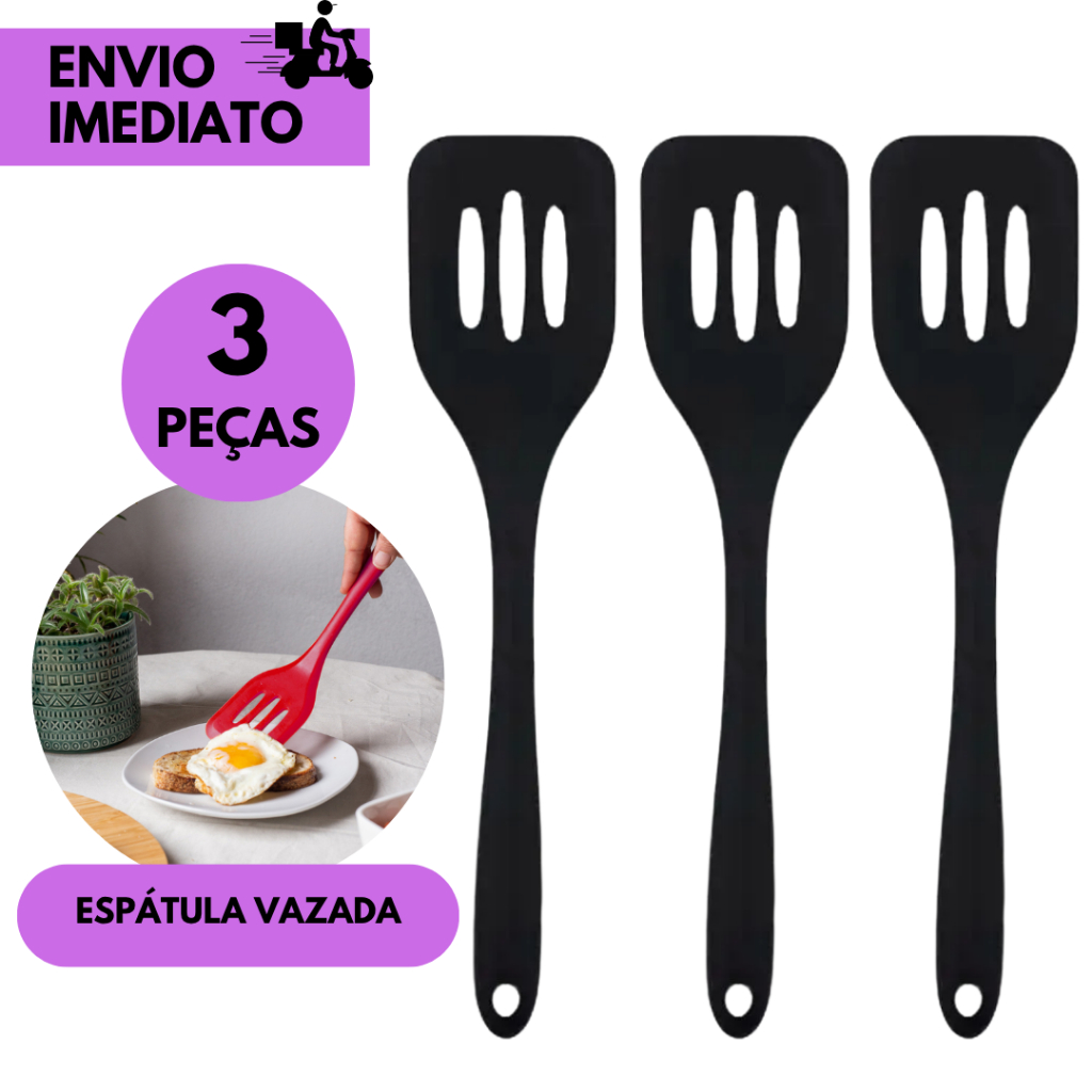 Kits 3 ou 2 Espátula Vazada De Silicone Preta Cozinha Antiaderente Resistente Cabo Confortável Utens