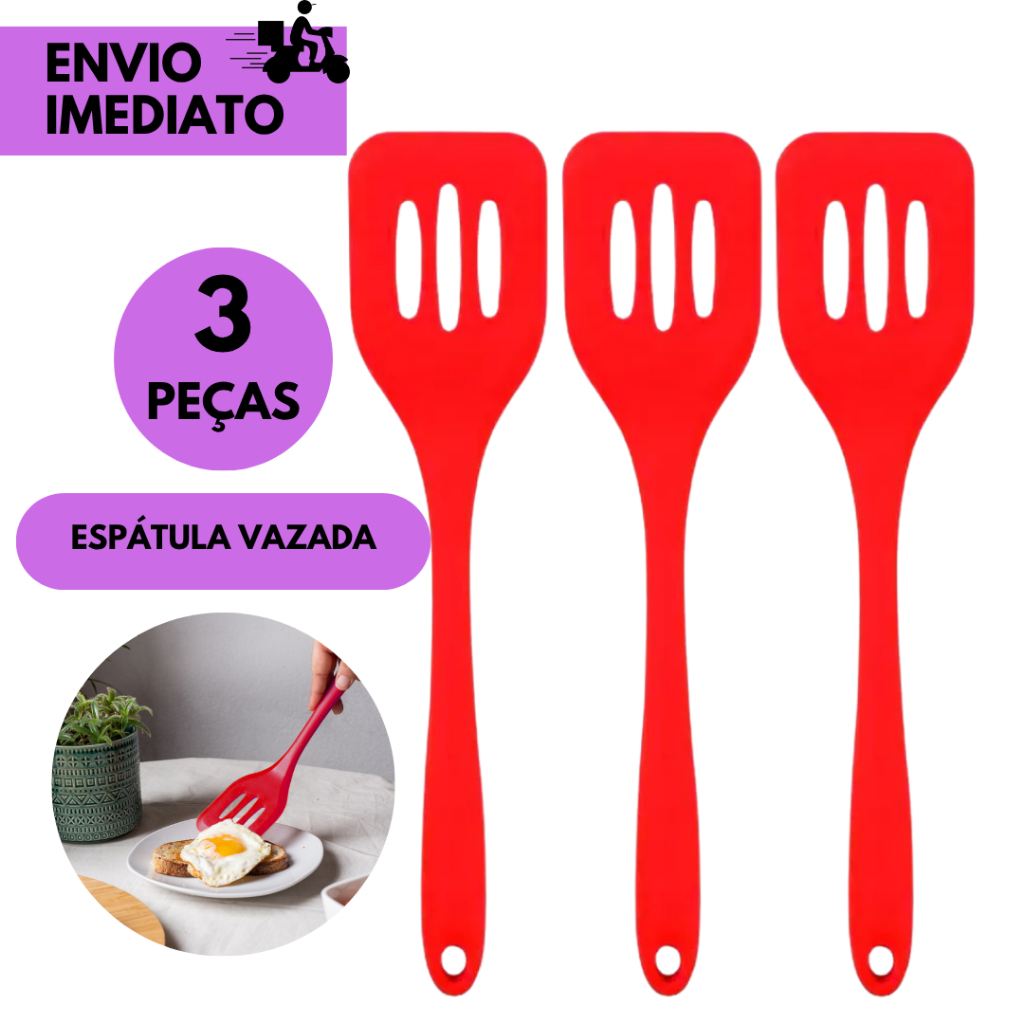 Kits 3 ou 2 Espátula Vazada Silicone Vermelha Cozinha Antiaderente Resistente Cabo Confortável Utens