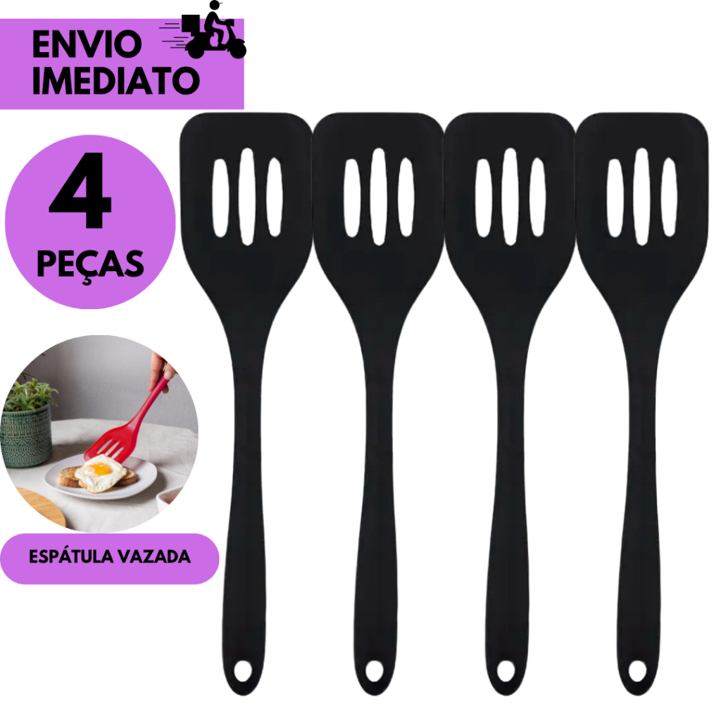 Kits 4 ou 2 Espátula Vazada De Silicone Preta Cozinha Antiaderente Resistente Cabo Confortável Utens