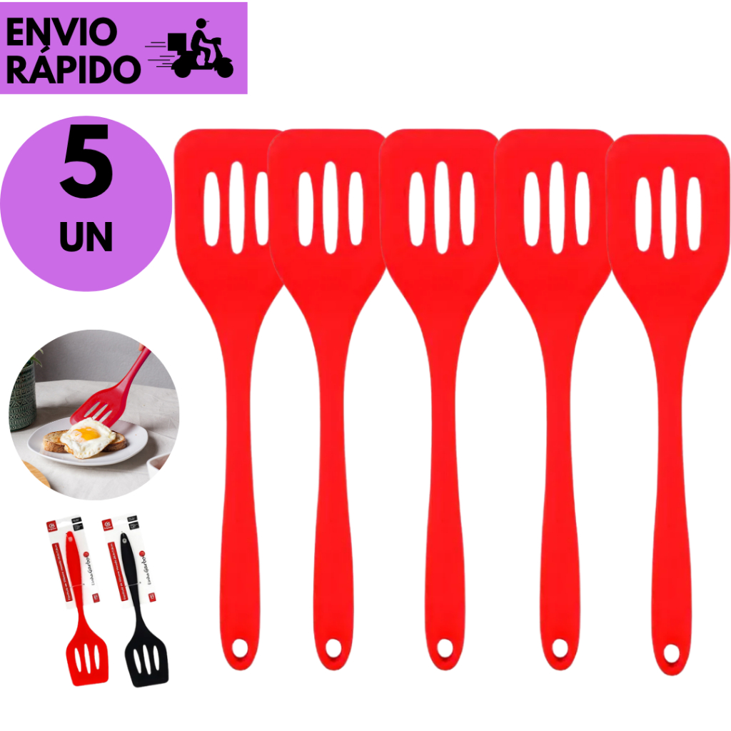 Kits 5/3 ou 2 Espátula Vazada Silicone Vermelha Cozinha Antiaderente Resistente Cabo Confortável