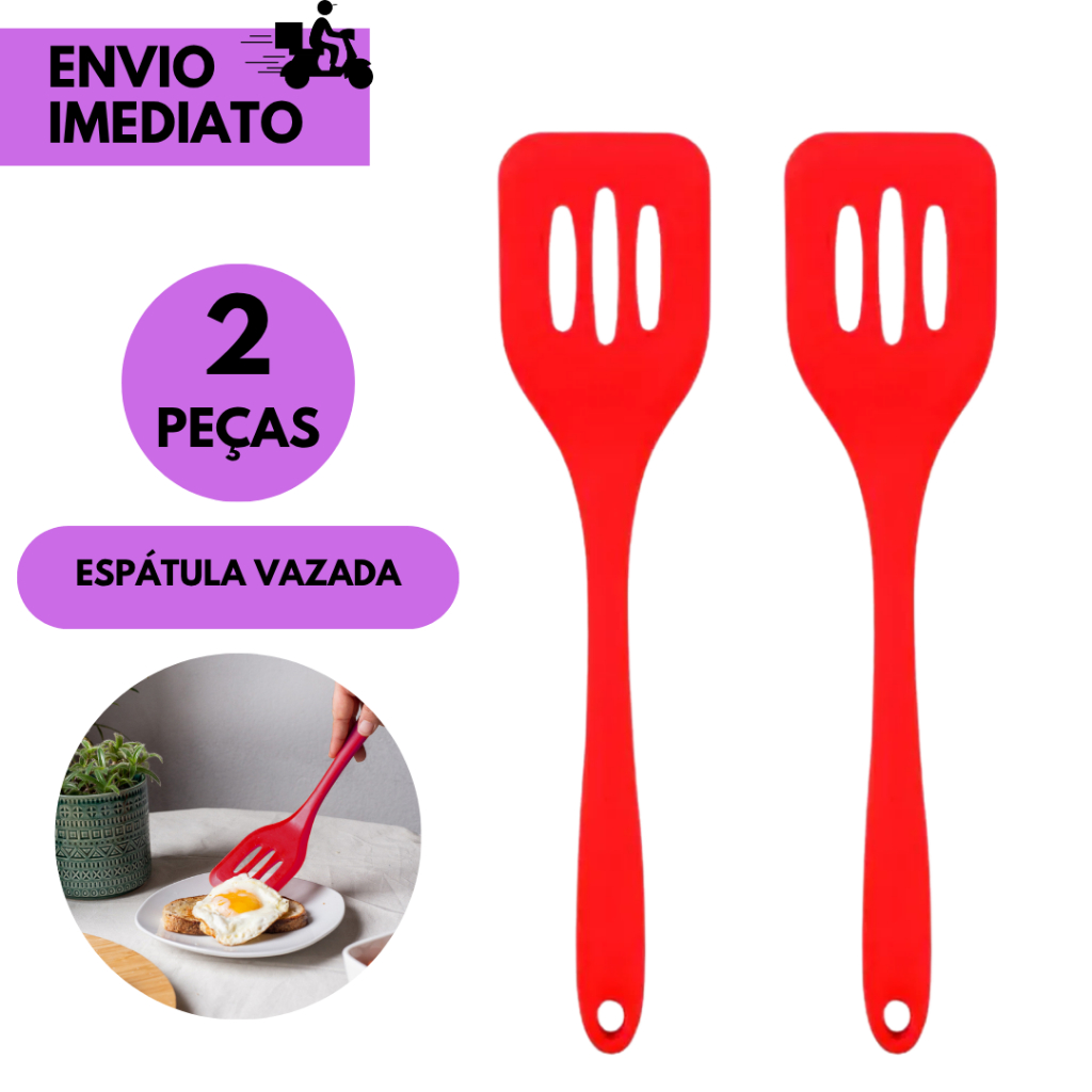 Kits 2 ou 1 Espátula Vazada Silicone Vermelha Cozinha Antiaderente Resistente Cabo Confortável Utens