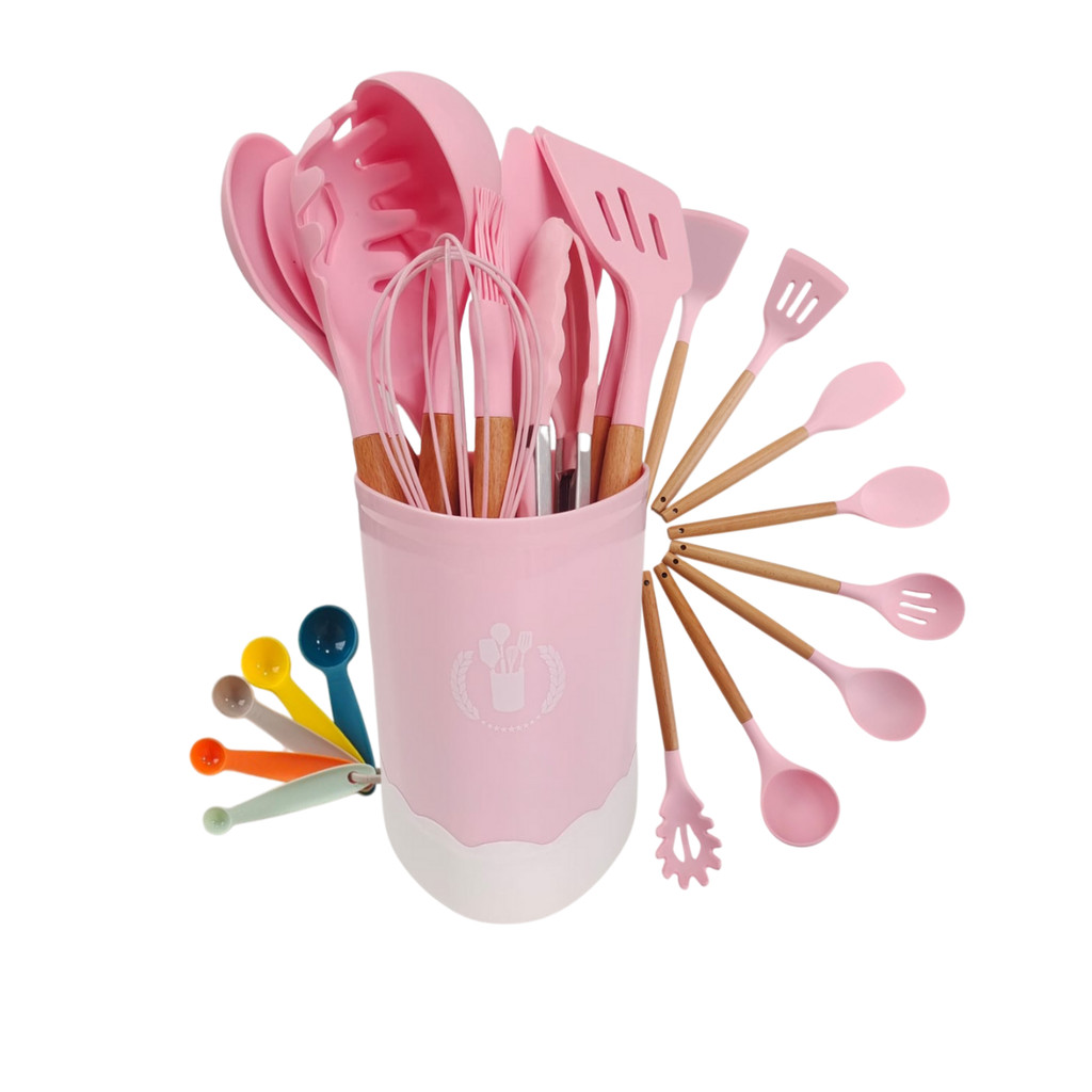 Kit 12 Utensílios Cozinha Silicone Rosa Cabo Madeira Luxo Antiaderente Sofisticado Moderno Completo