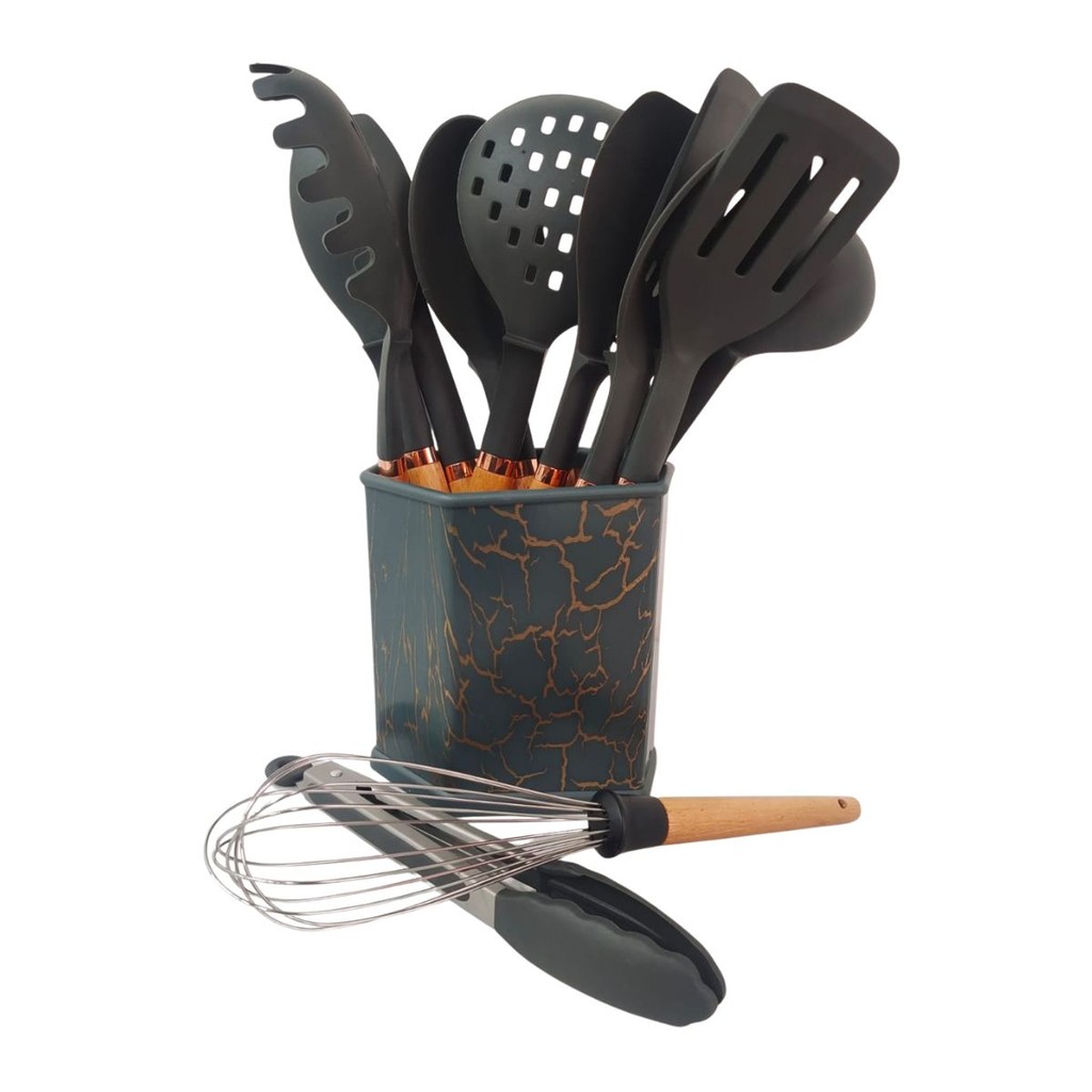 Kit 13 Utensílios Silicone Premium Cabo Madeira Preto Antiaderente e Sofisticado