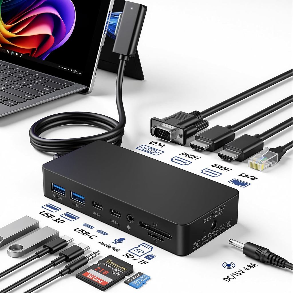 Estação de Acoplamento para Surface, Dock 12-em-1 com Suporte para Três Monitores, Dual 4K HDMI e VGA, para Surface Pro