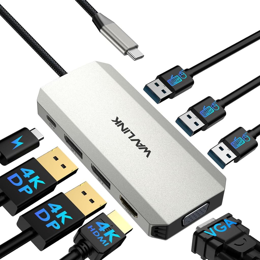 Estação de Acoplamento para Laptop, Estação de Acoplamento WAVLINK para Quatro Monitores com Dual DP, HDMI, VGA, 100W PD