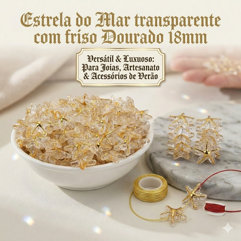 Estrela do Mar Transparente Cristal c/ Frizos Dourado 18mm e Furo Passante Kit 20 unidades