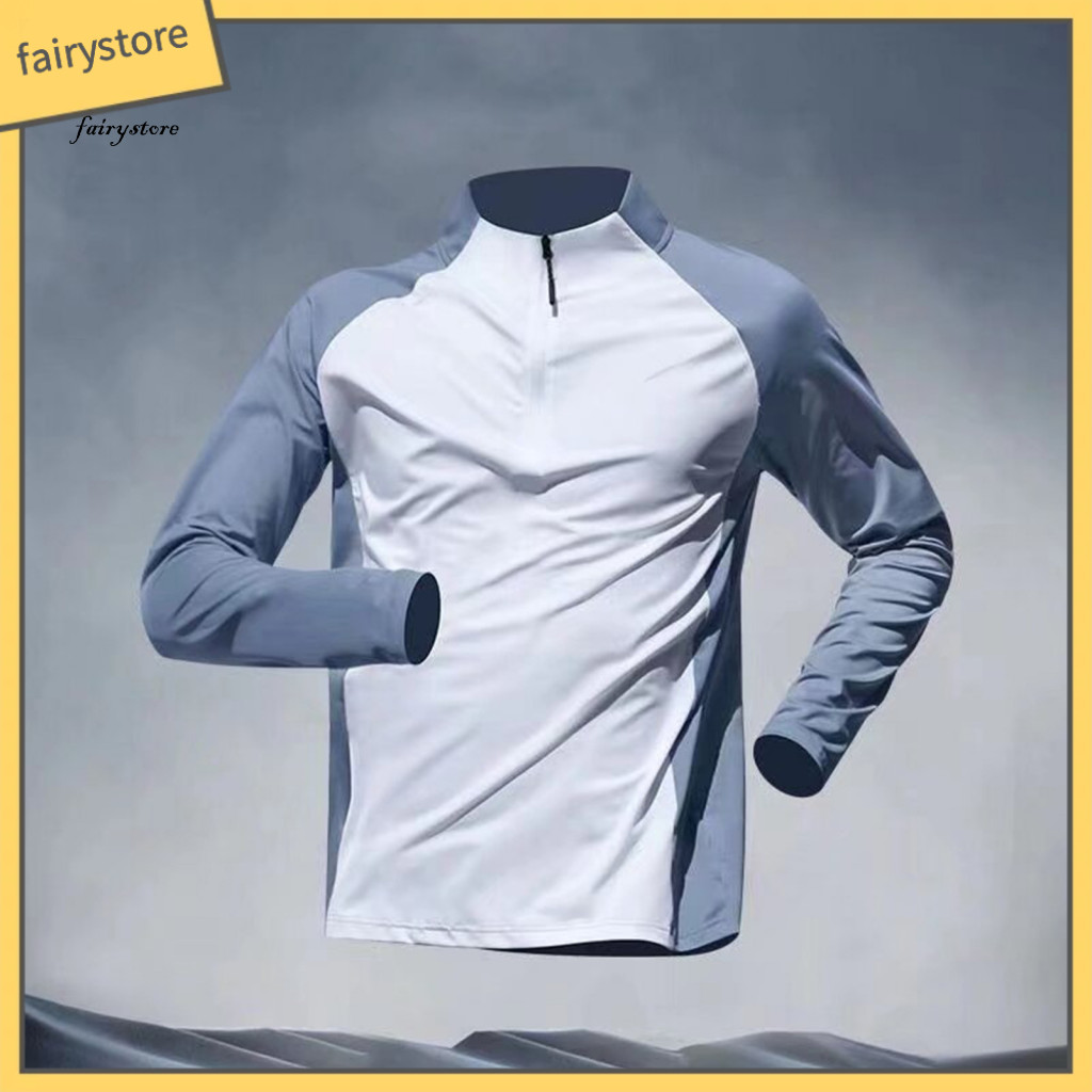 Men Slim Fit Track Top Sportswear Men's Summer Sports T-shirt Half Zipper Stand Collar Long Sleeve Breathable Casual Run