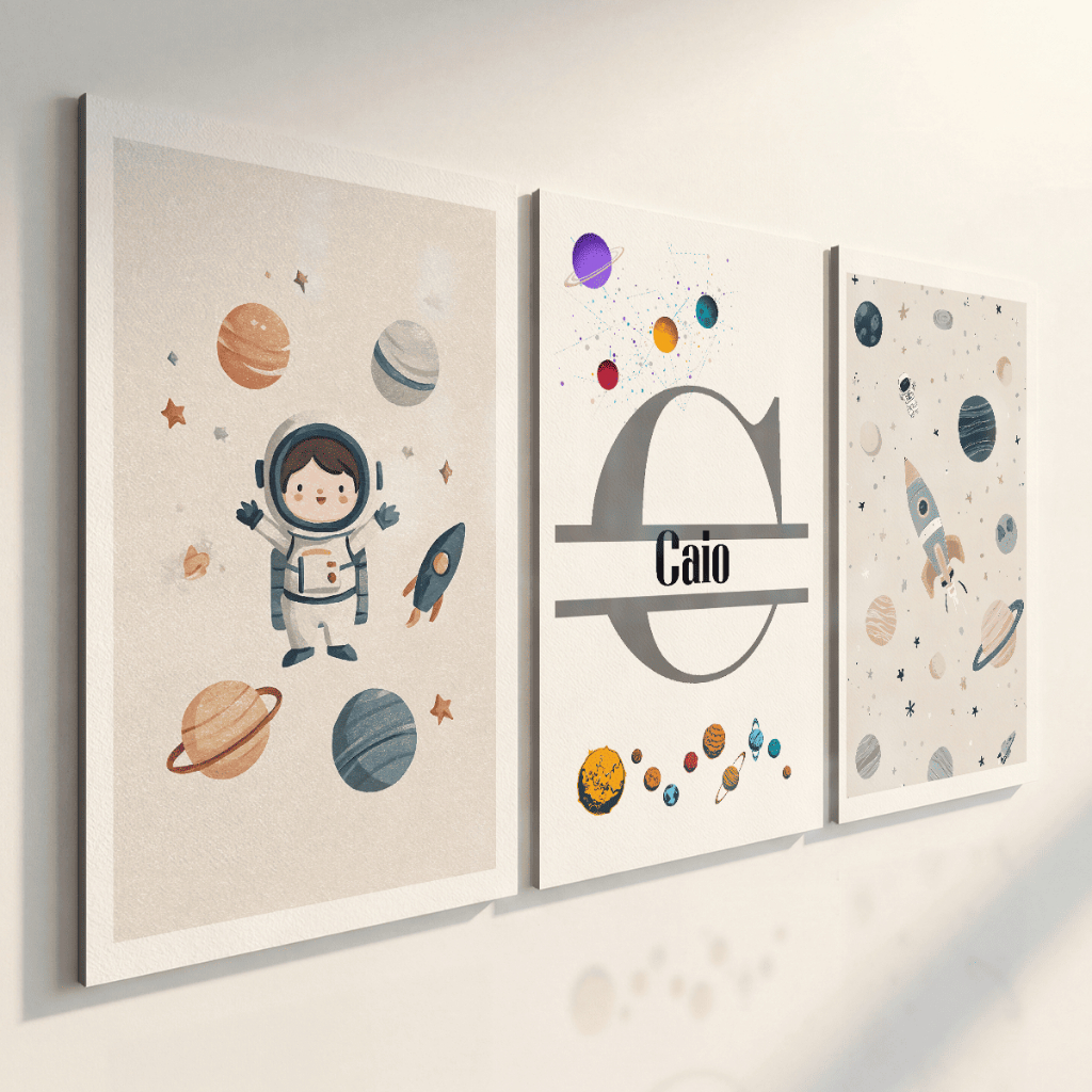 Quadros Decorativos Kit 3 Peças Espaço Infantil Astronauta Planetas Com Nome Quarto Menino