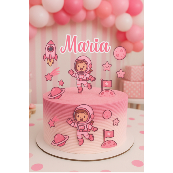 🎂🚀💖 Topo de Bolo Tema Espaço Rosa com Nome – Astronauta Menina Personalizado 🎂🚀💖