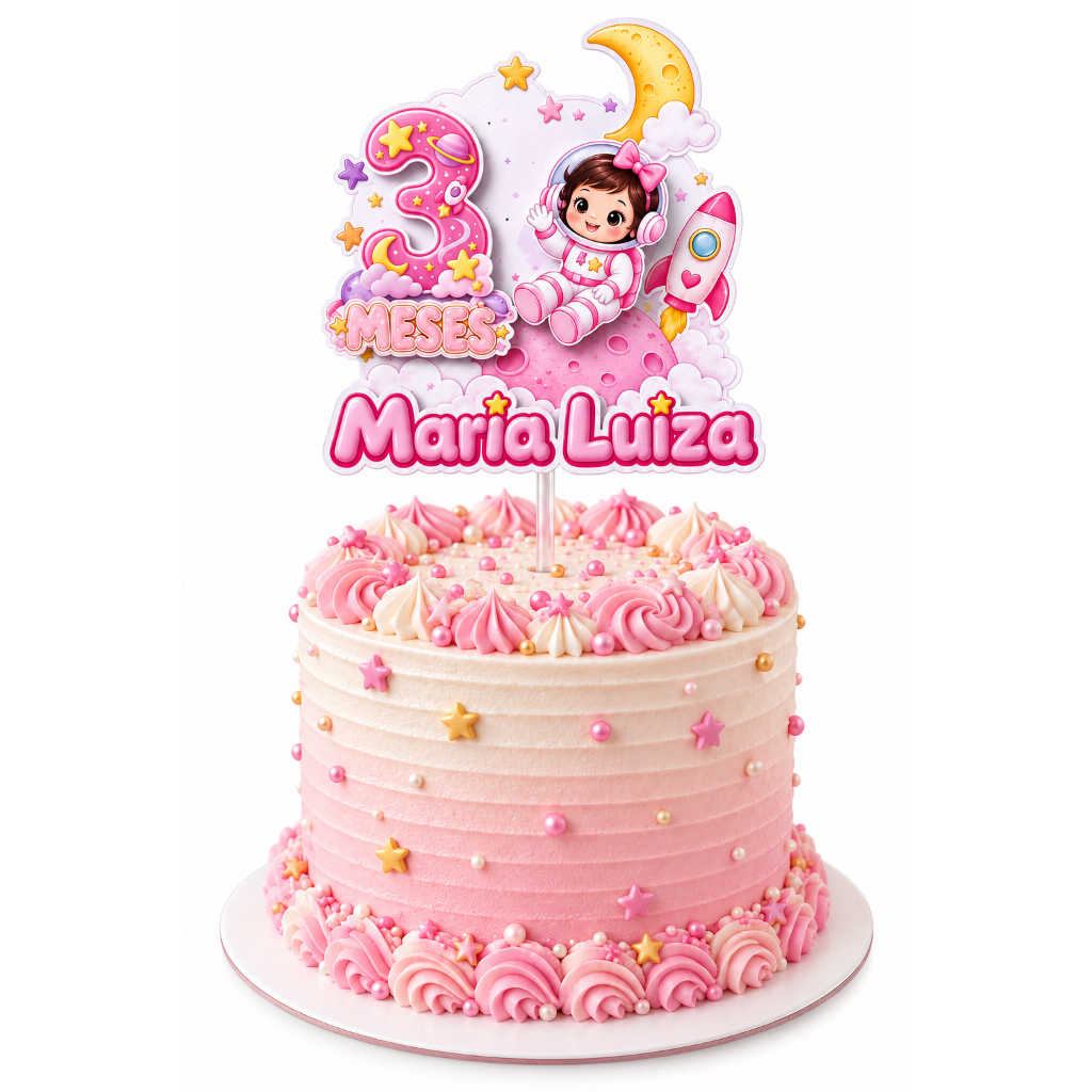 Topo de Bolo Mesversário Menina Astronauta Rosa Com Nome