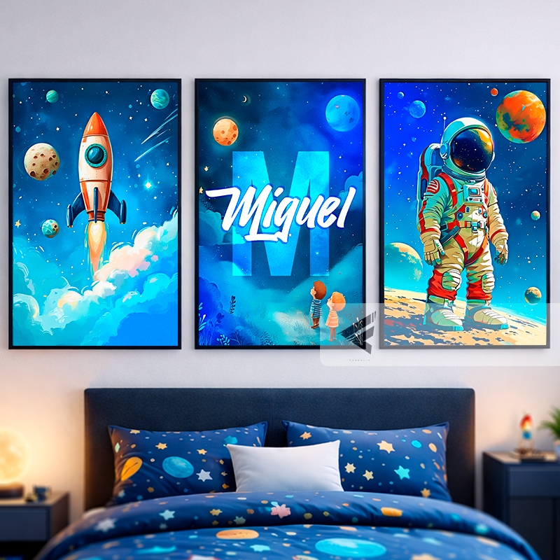 Quadro Astronauta Infantil Personalizado Espaço Foguete com Nome 3 Peças Decoração Quarto Menino