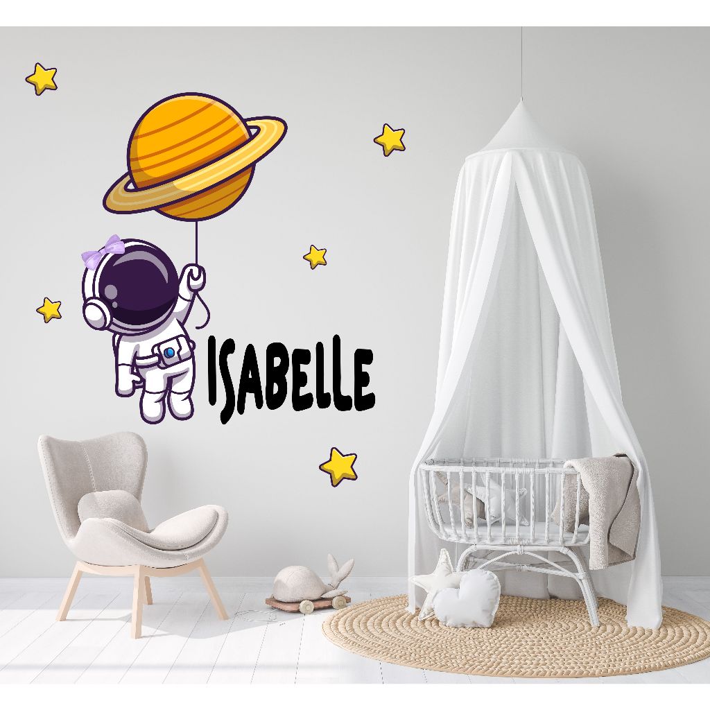 Adesivo decorativo Astronauta Menina Com Planeta e Nome Papel de Parede Decalque Auto Colante