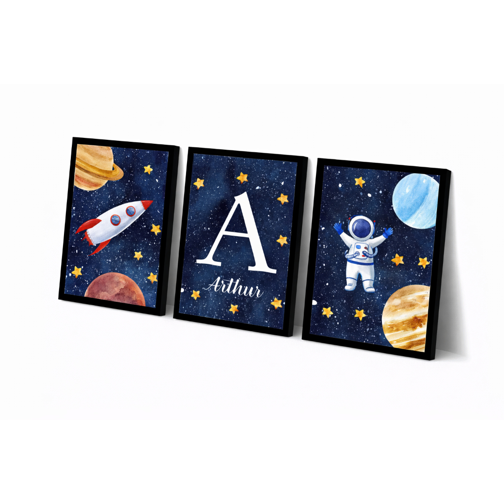 Kit 3 Quadros Infantil Espaço Astronauta Personalizado com Nome – Decoração Quarto de Bebê Menino 20x30