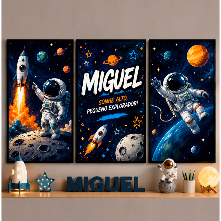 Quadro Decorativo Astronauta Infantil Nome Personalizado Espaço Sideral Menino Criança Kit Bebê