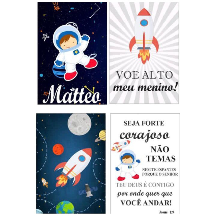 Quadro Decorativo 4 peças Astronauta baby menino + nome
