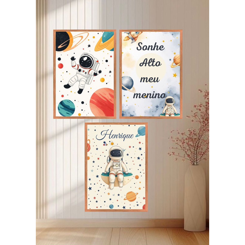 Kit 3 Quadros Decorativos infantis Astronauta Baby Sonhe Alto Meu Menino Personalizado Nome Quarto de Bebê Galáxia