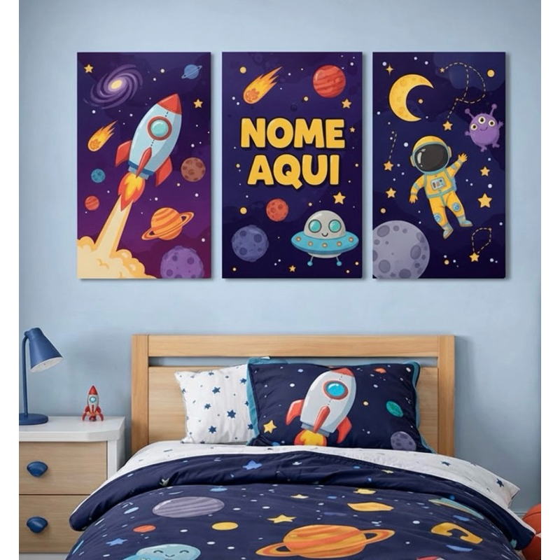 Kit 3 Quadros Decorativos Infantil Espaço Astronauta Personalizado com Nome Quarto Menino