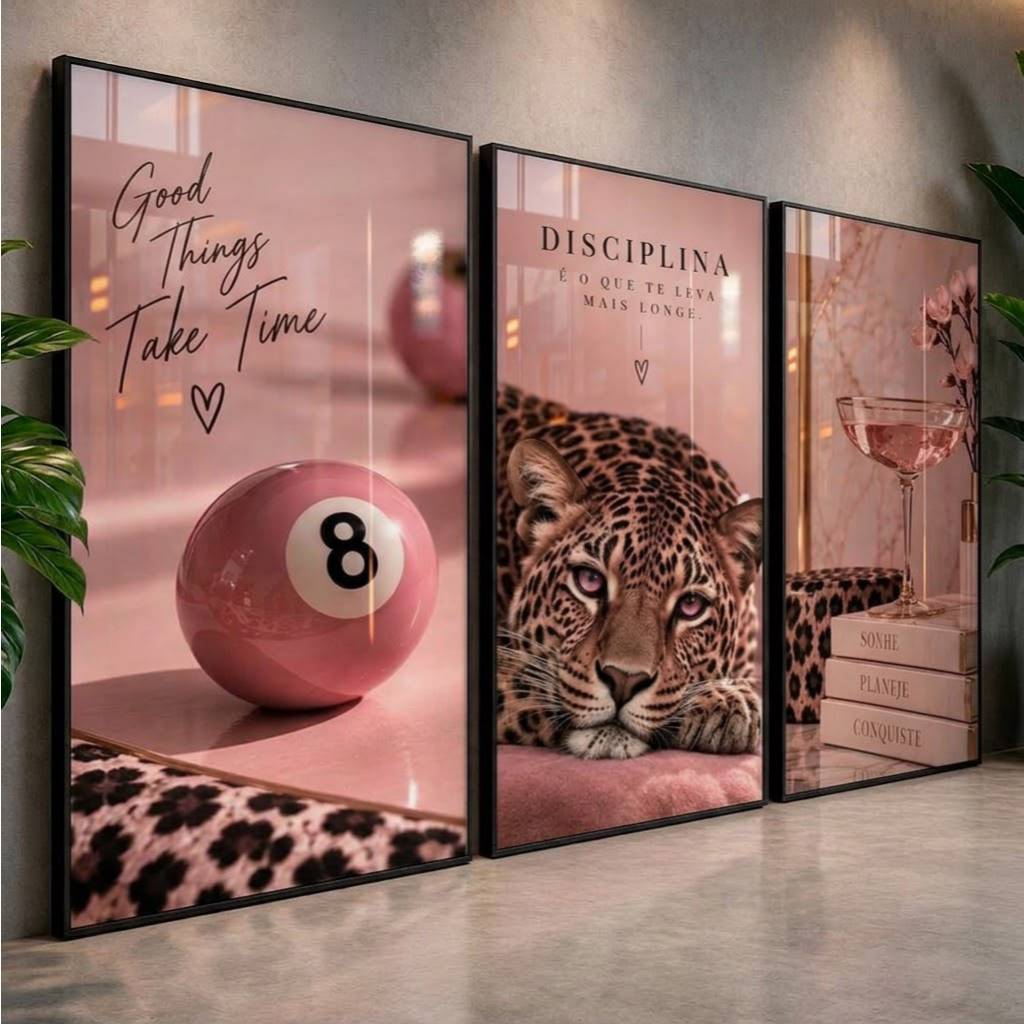 Kit 3 Quadros Onça Rosa Animal Print Feminino para Sala Quarto Decoração Luxo