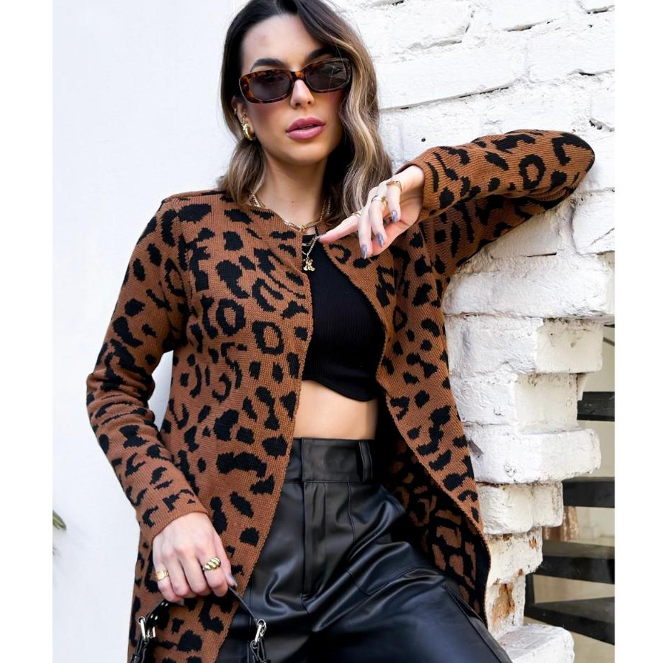 Cardigan Feminino Animal Print Casaco Onça Tricô Blusa de Frio Moda Inverno Sobretudo Kimono Tricot
