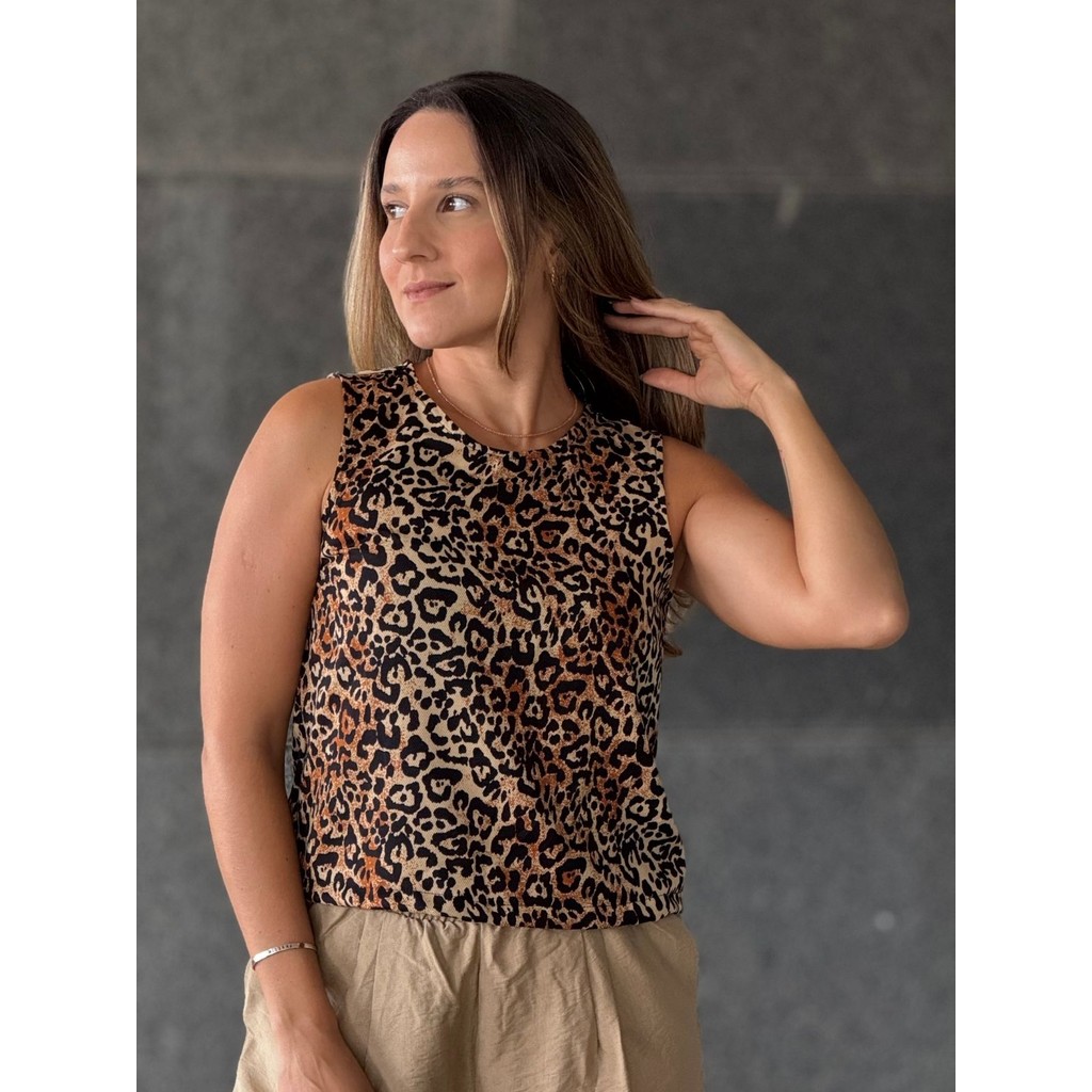 Cropped Feminino Estampado Animal Print e Floral Tendência Casual Verão Gola Redonda Sem Manga
