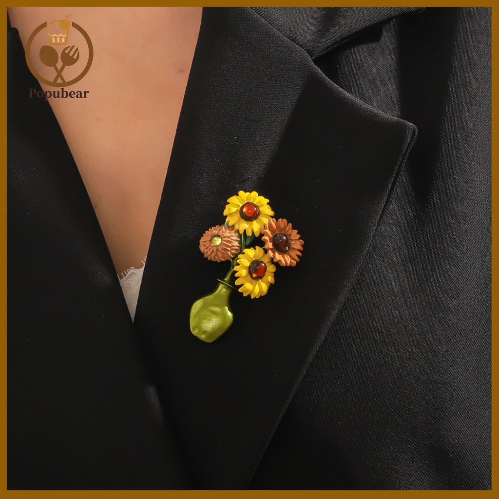 Party Clothes Pin Women’s Sunflower Brooch Retro Enamel Vase Shape Anti-slip Polished Coat Collar Scarf Hat Decoration