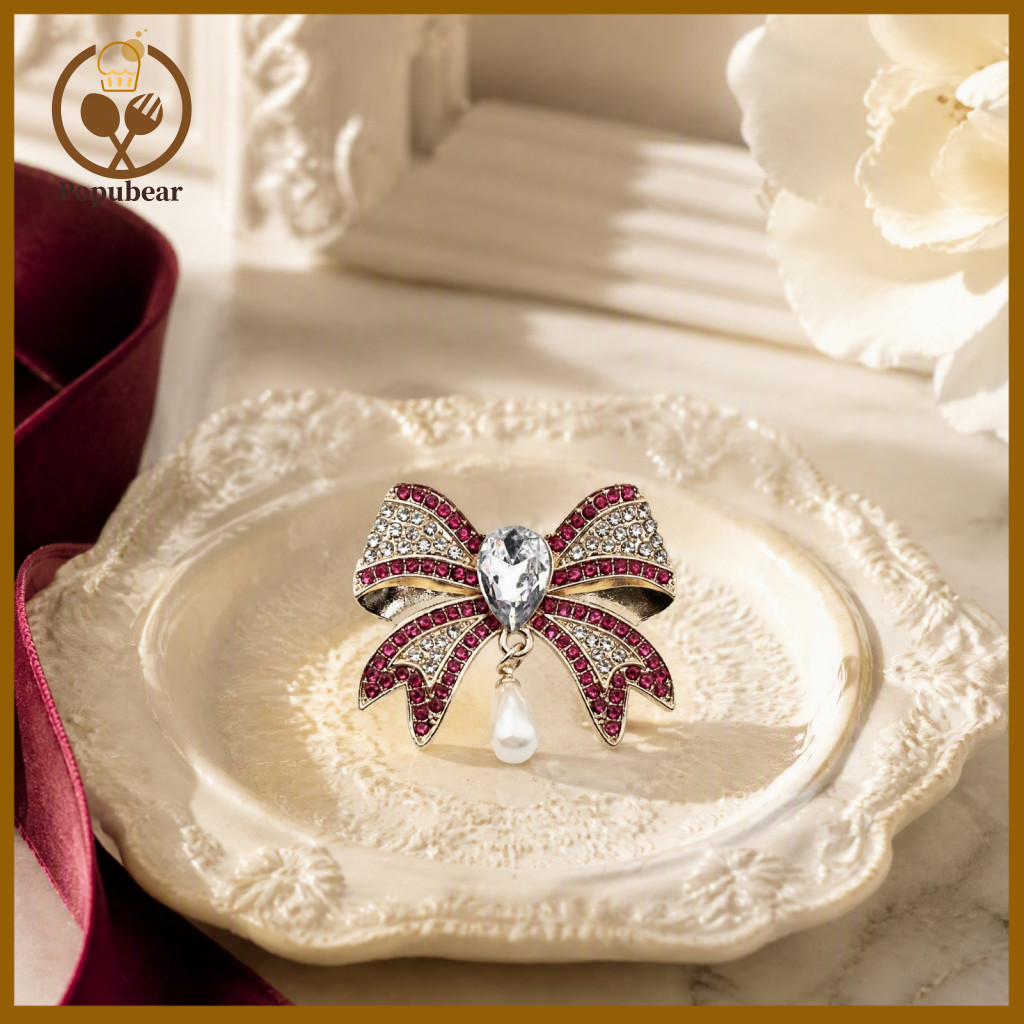 Bowknot Badge Pin Women Bow Brooch Retro Rhinestone with Waterdrop Faux Pearl – Elegant Women’s Jewelry for Wedding