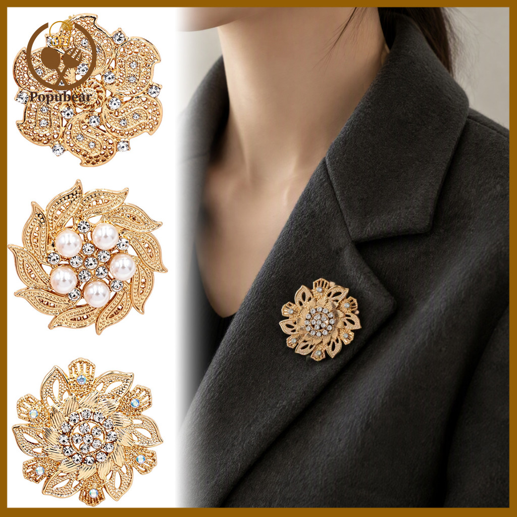 Retro Floral Clothing Accessories Vintage Flower Brooch Rhinestone for Women – Gold Plated Lapel Pin Elegant Jewelry A