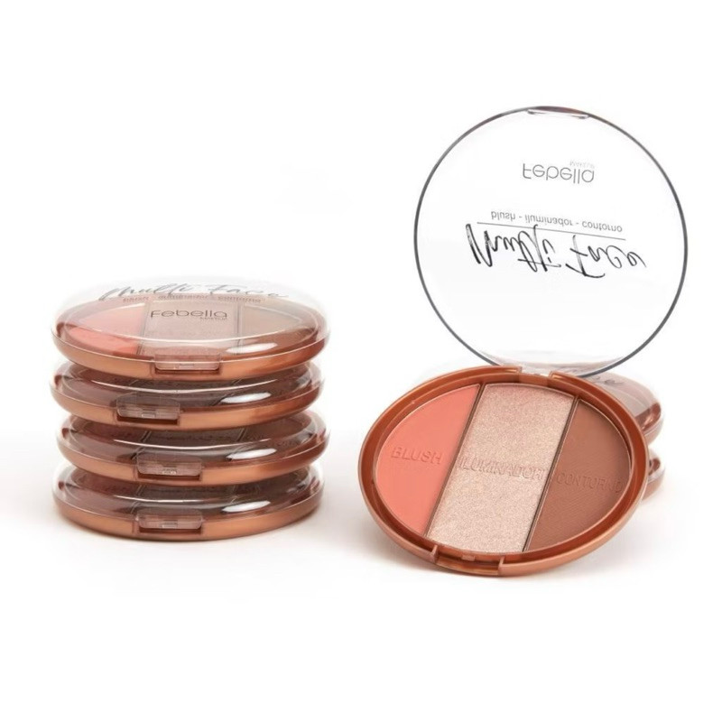 Paleta blush iluminador e contorno, maquiagem 3 em 1, multifuncional, pigmentada, prática