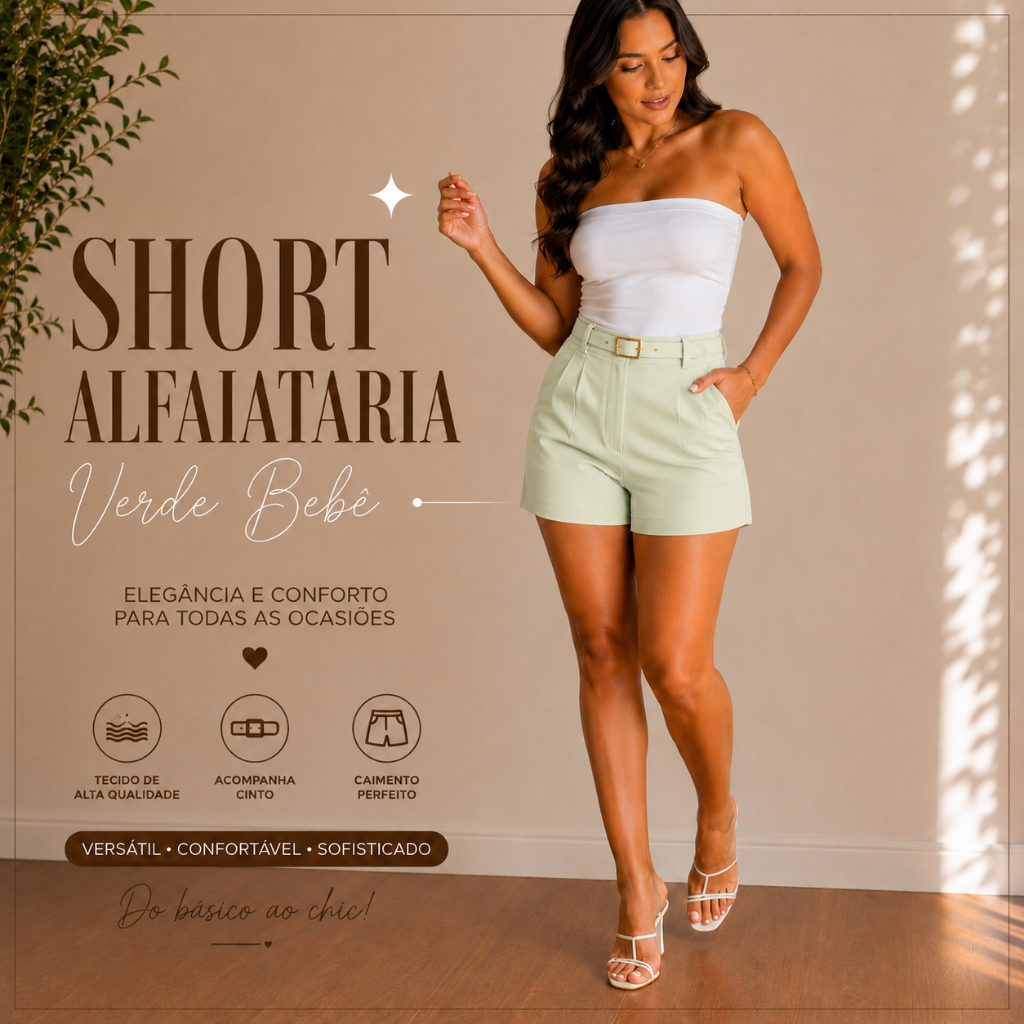 Short Alfaiataria Feminino com Cinto Encapado Cintura Alta Modelagem Premium