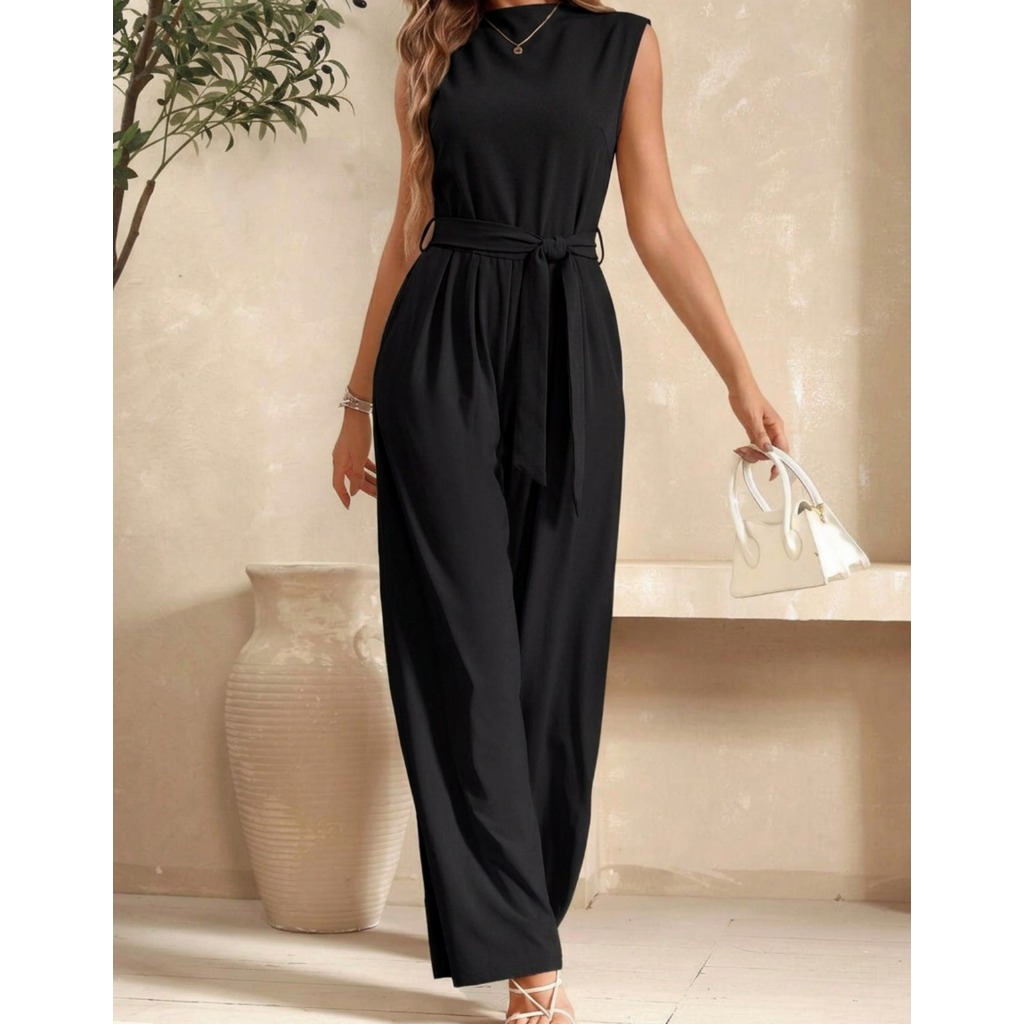 Macacão Alfaiataria Feminino Regata Gola Alta Social Cinto Premium Elegante Pantalona