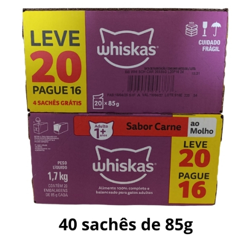 Kit 10 ou 40 Whiskas Sache Ração Umida Para Gatos Sachet Whiskas Sabor Carne - escolha 10 ou 40 sachês