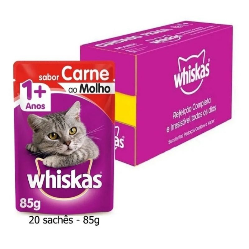 Kit 5 ou 20 Whiskas Sache Ração Umida Para Gatos Sachet Whiskas Sabor Carne -  escolha 20 ou 5 sachês