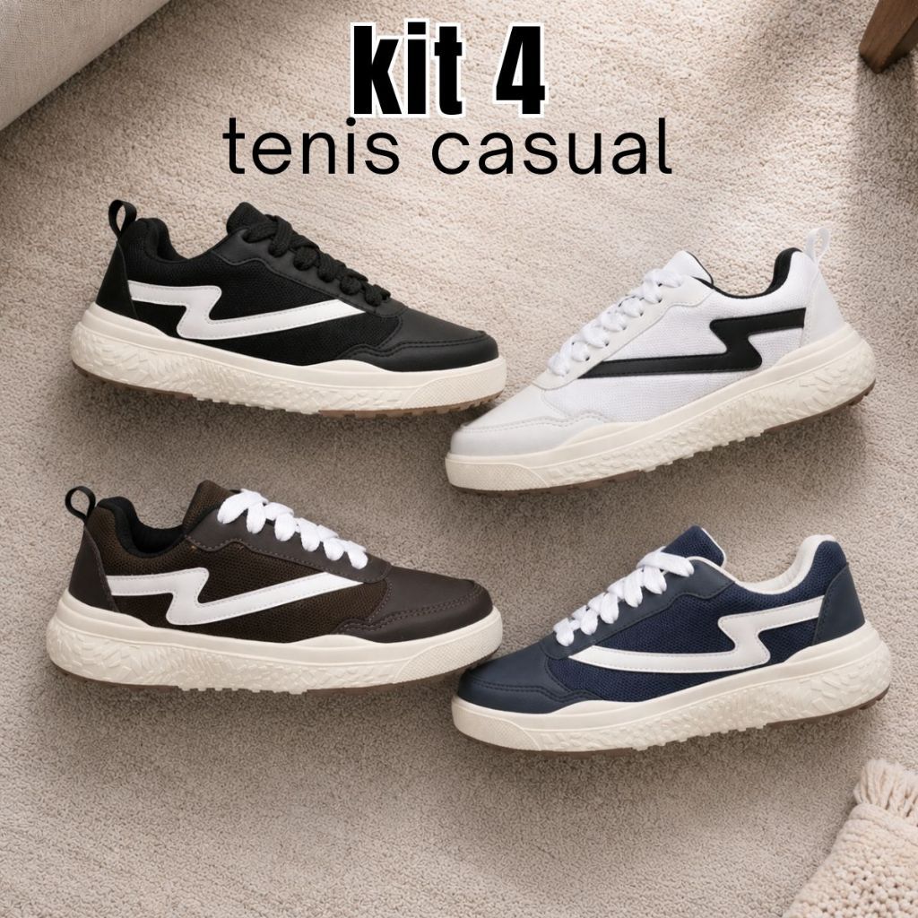 Kit 4 Pares Tênis Masculino Macio Leve Dia A Dia Trabalho Caminhada Casual Skate Urbano