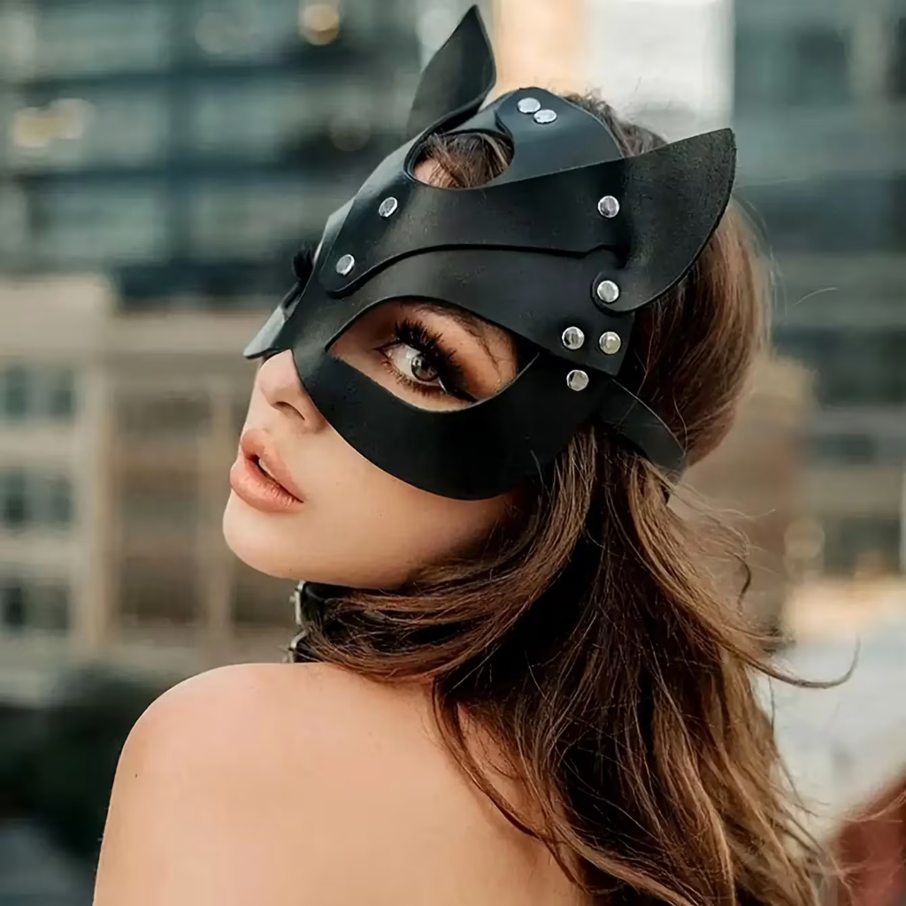 Máscara de Mulher Gato em Pele Sintética Preta Estilo Gótico Punk Para Festas de Halloween