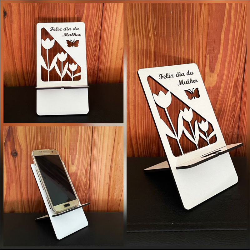 Kit de Porta Celular Dia Mulher Presente Criativo em MDF
