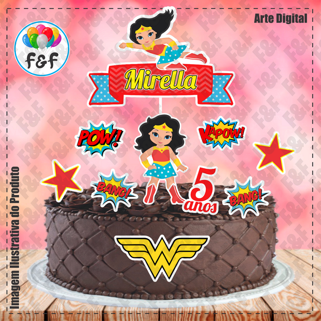 Topper Topo de Bolo Personalizado C/ Nome E Idade Mulher Maravilha