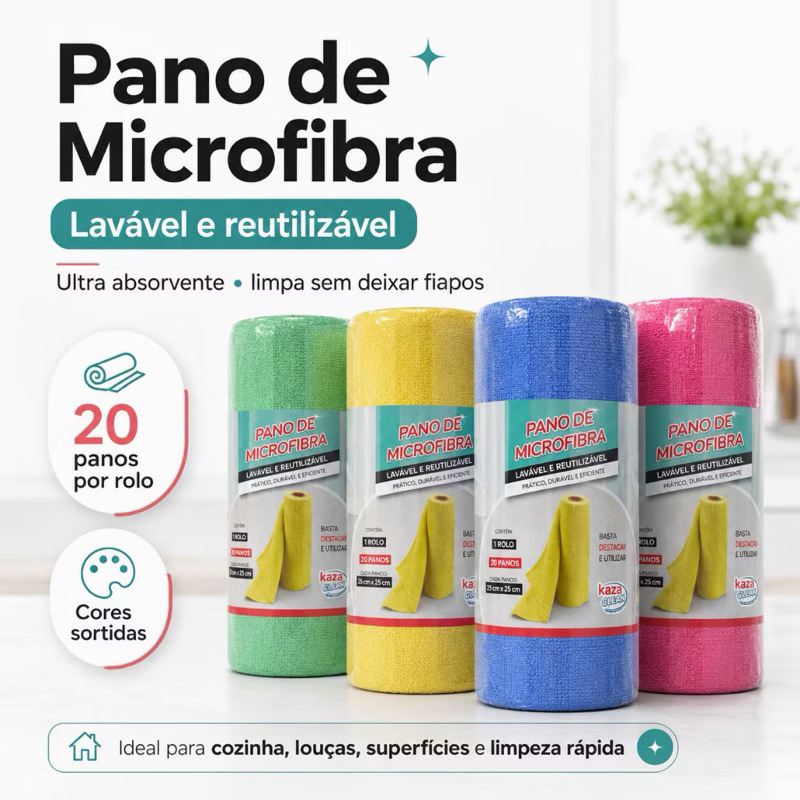 Pano de Microfibra Lavável 20 Panos por Rolo – Ultra Absorvente para Limpeza