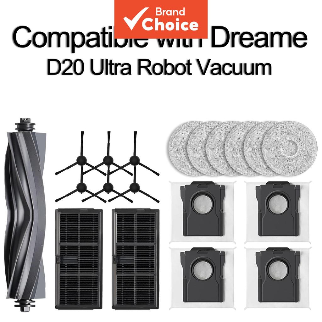 Compatível com Dreame D20 Ultra Robô Aspira-Lava, Rolo Principal de Borracha, Escova de Borda, Pano de Mop de