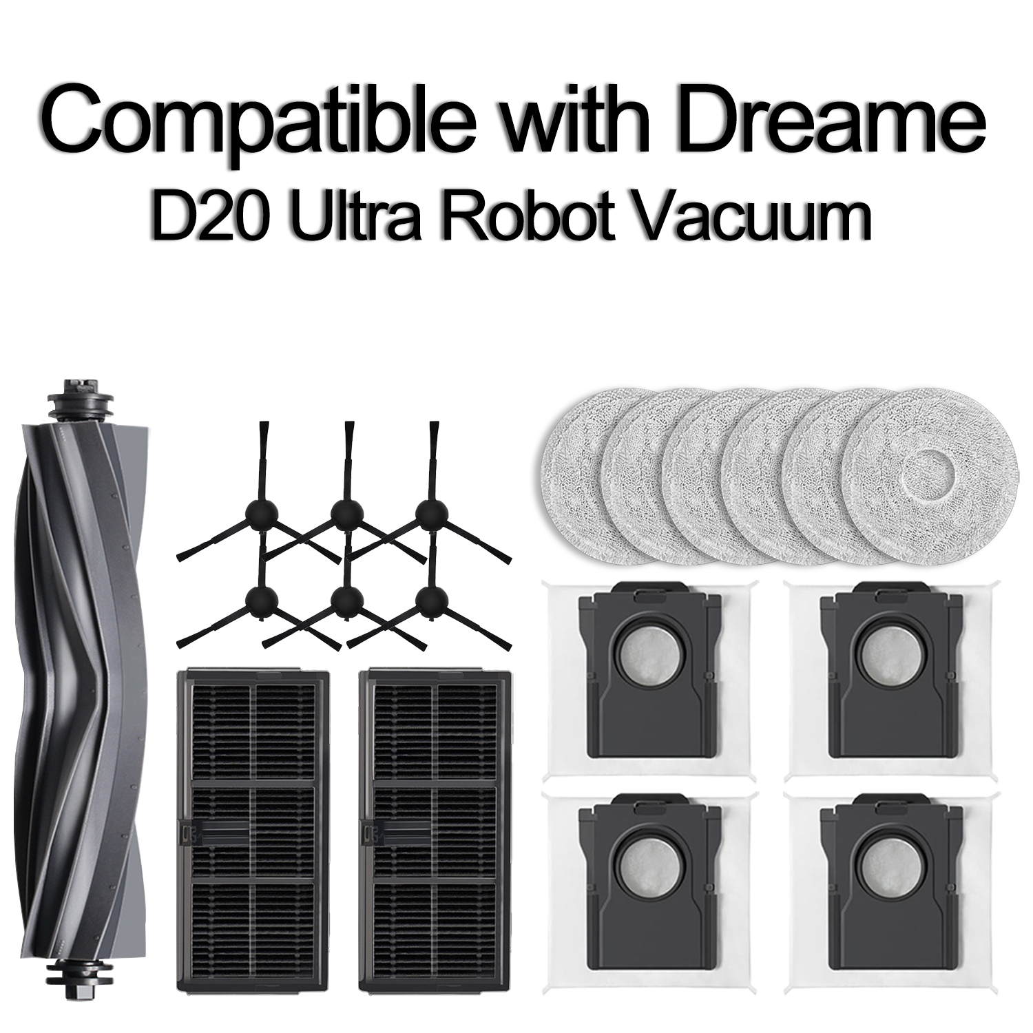 Compatível com Dreame D20 Ultra Robot Vacuum‐Mop, rolo principal de borracha, escova lateral de borda, pano de esfregão