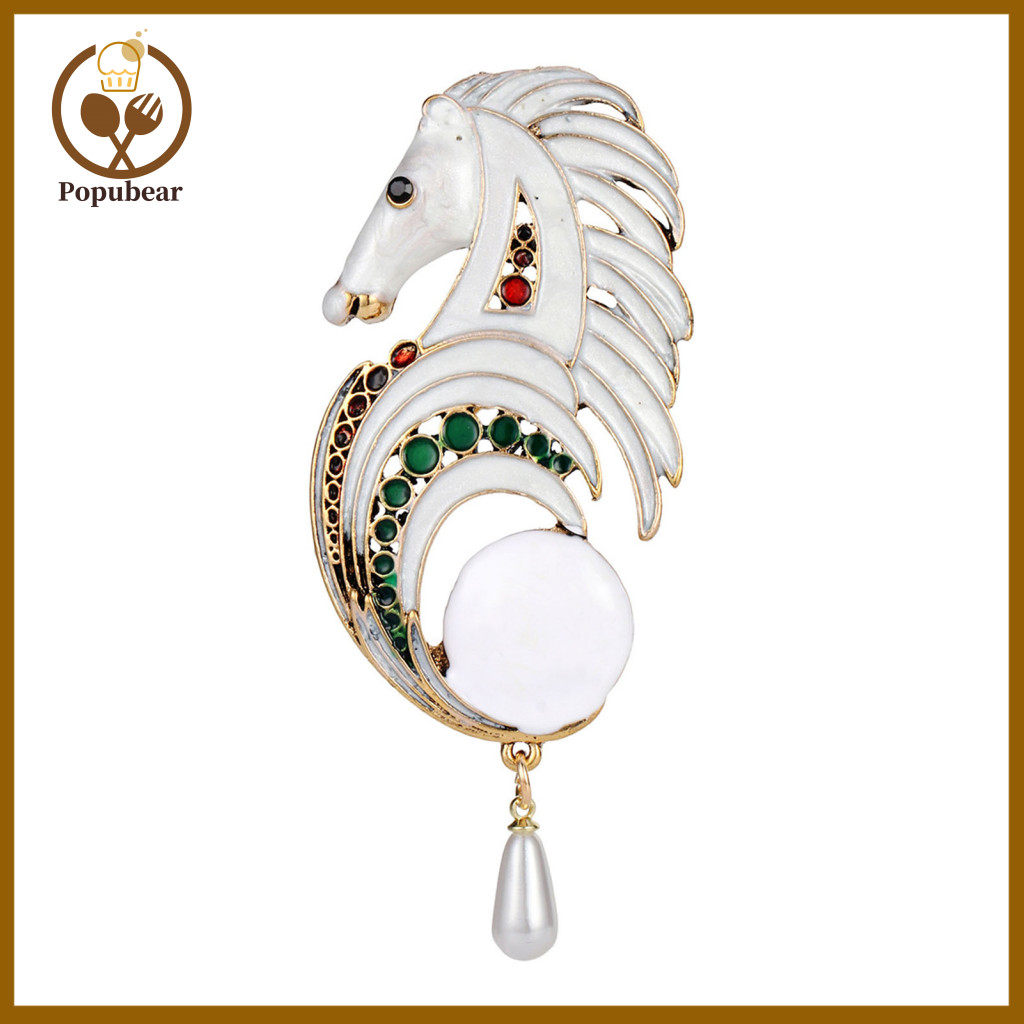 Smooth Enamel Horse Pin Retro White Brooch with Dangling Faux Pearl Pendant – Elegant Lapel for Dress Costume Gift for