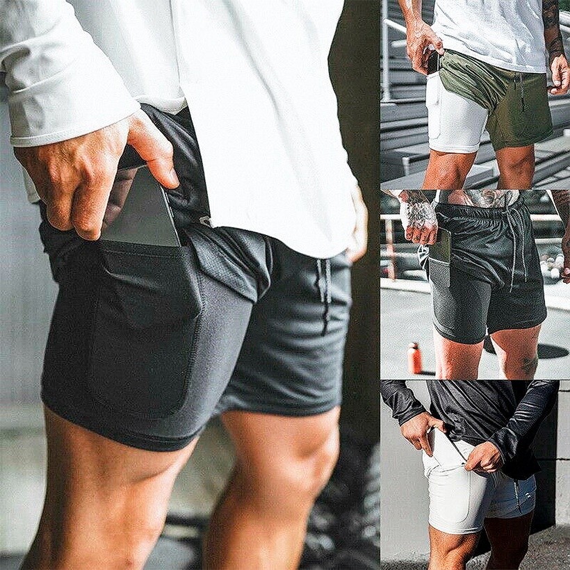 Kit 3 Bermudas Masculinas Academia 2 em 1 c/ Cueca embutida de Microfibra e Suporte para Celular