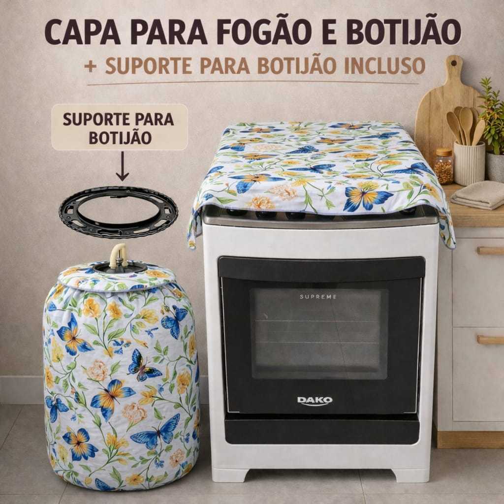 Jogo Cozinha Capa Fogão + Capa Botijão com SUPORTE INCLUSO Tecido Casa Decoração Cozinha