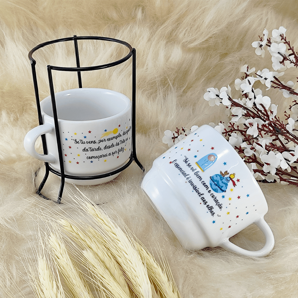 Kit 2 Xícaras Porcelana Pequeno Príncipe Branca com variação Frases 210ml e Suporte -