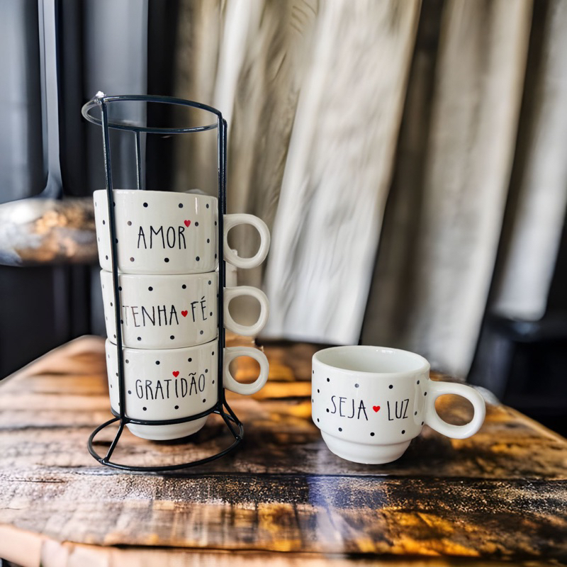 Jogo De Xícaras Café Chá Branca Com Suporte Kit 4 Caneca Poá