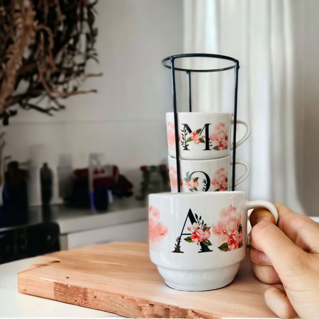 Jogo De Xícaras Café Chá Branca Com Suporte Kit 4 Flor