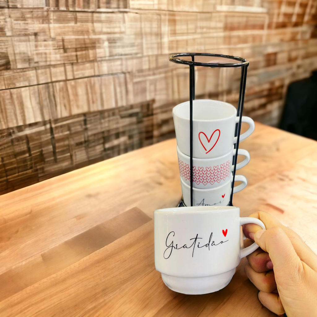 Jogo De Xícaras Café Chá Com Suporte Kit 4 Canecas Spot