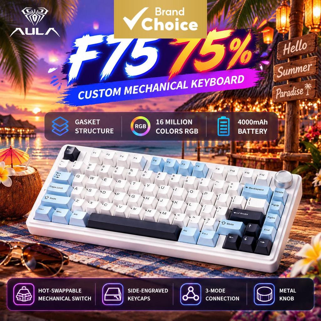 Teclado Mecânico AULA F75 RGB para Jogos com Interruptor Substituível a Quente, Layout 75%, Compacto e Design Wireless