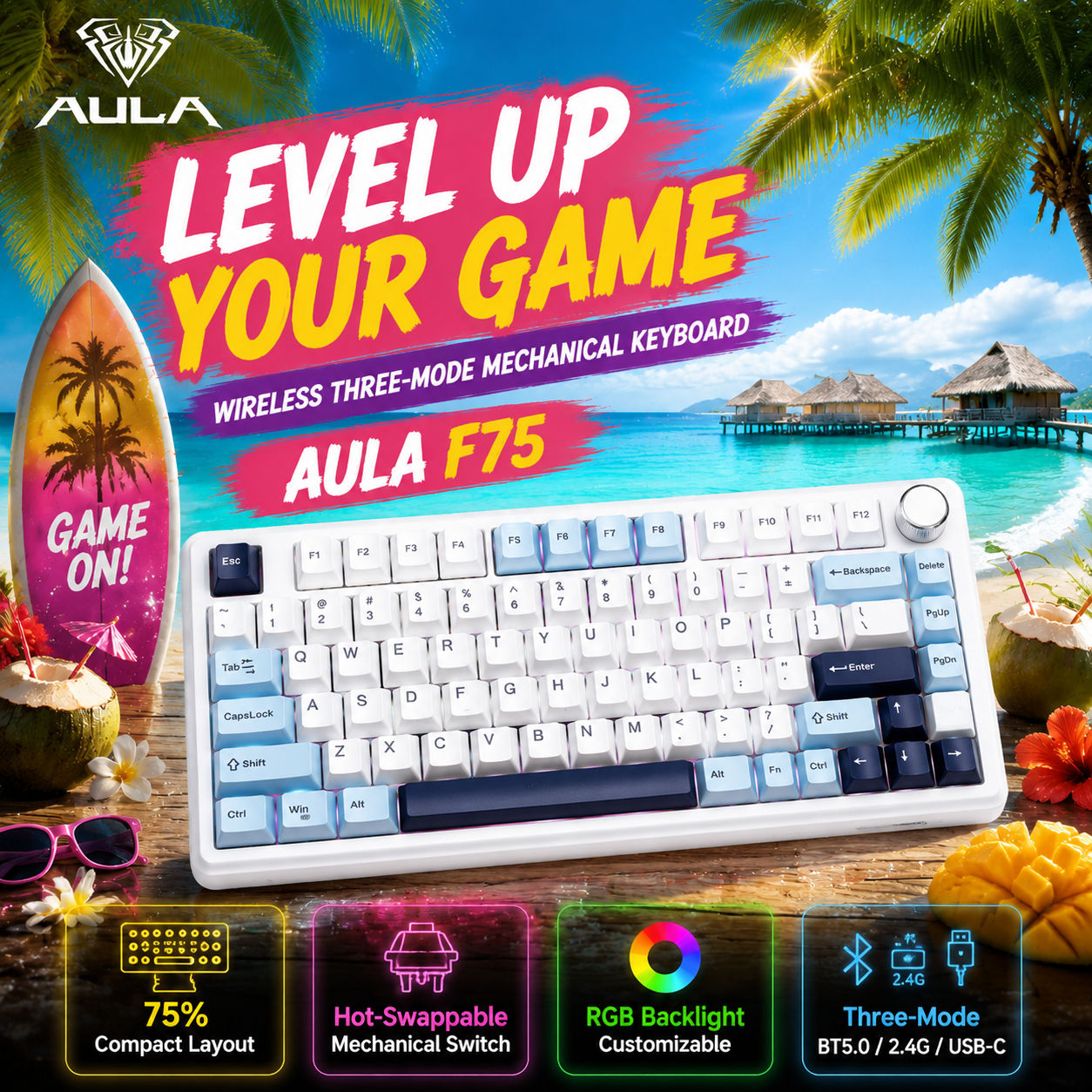 Teclado Mecânico AULA F75, Tri-Modo, RGB Wireless, Troca a Quente, 80 Teclas para Jogos Esports